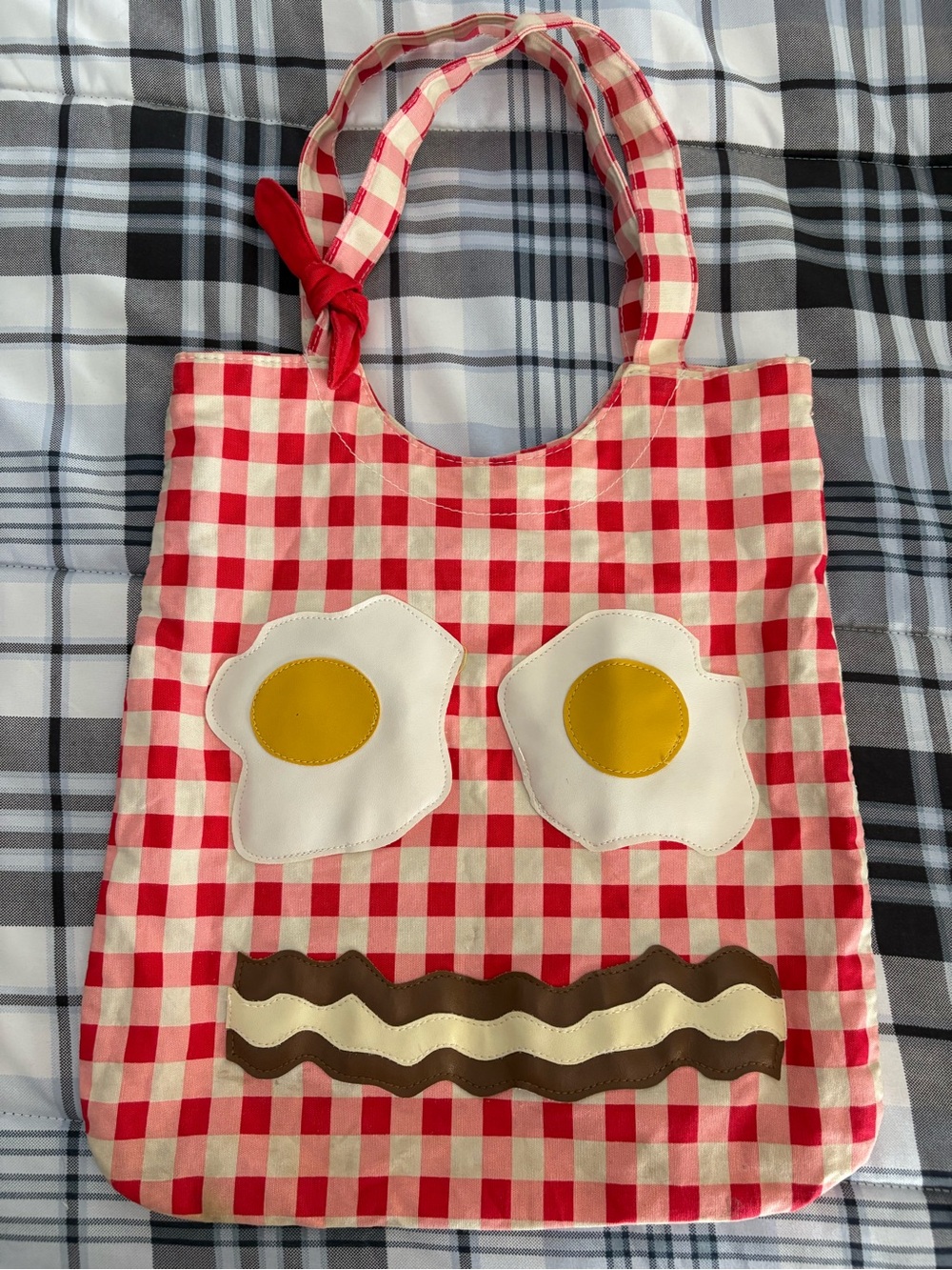 Red Gingham Kids Tote Bag with Egg & Bacon Design
